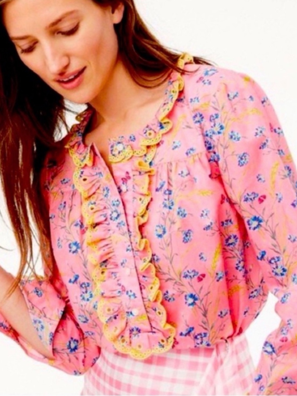 J Crew Poplin Ruffled Blouse in a pink Liberty Floral Fabric